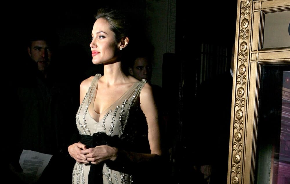 Angelina Jolie was quite elegant in her bejeweled gray dress and her slicked back upstyle hair at Worldwide Orphans Foundation Benefit, Capitale Venetian Ballroom in New York, NY on October 24, 2005.