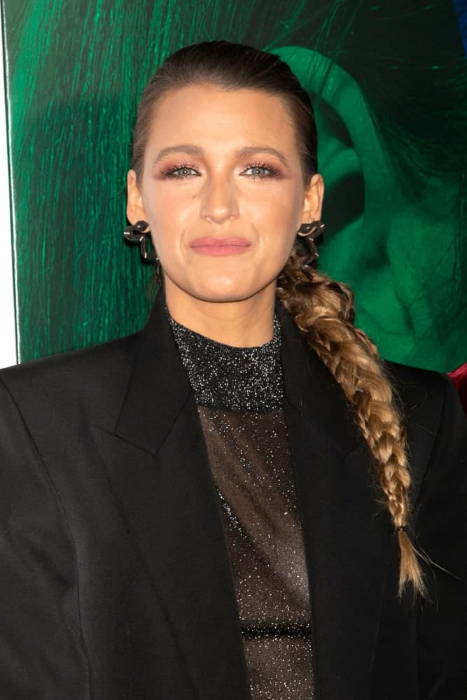 Blake Lively wore a sick dark hairstyle that ended with a long braided ponytail at the premiere of "A Simple Favor" at the Museum of Modern Art back in September 10, 2018, in New York City.