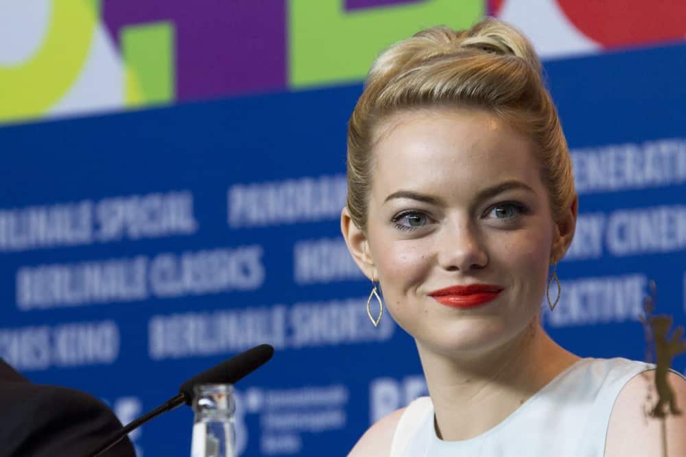 Emma Stone's elegant blond upstyle emphasized her beautiful eyes at 'The Croods' press conference at the 63rd Berlinale International Film Festival on February 15, 2013 in Berlin, Germany.