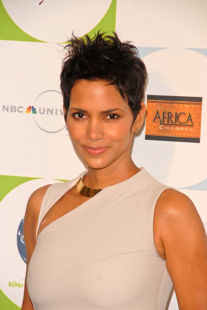 Halle Berry opted for a simple make-up to pair with her spiked pixie hairstyle and gray dress at the 2010 Jenesse Silver Rose Gala & Auction, Beverly Hills Hotel, Beverly Hills, CA.