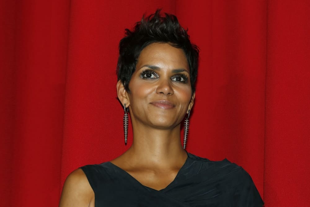 Halle Berry flaunted her lovely earrings with her simple black dress and spiked raven pixie hairstyle at the 'Cloud Atlas' Germany Premiere at CineStar on November 5, 2012 in Berlin, Germany.