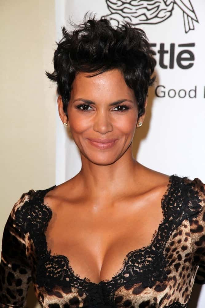 On April 14, 2012, Halle Berry flashed her beautiful smile with her animal print dress and tousled raven pixie hairstyle at the 2012 Silver Rose Gala, Beverly Hills Hotel in Beverly Hills, CA.
