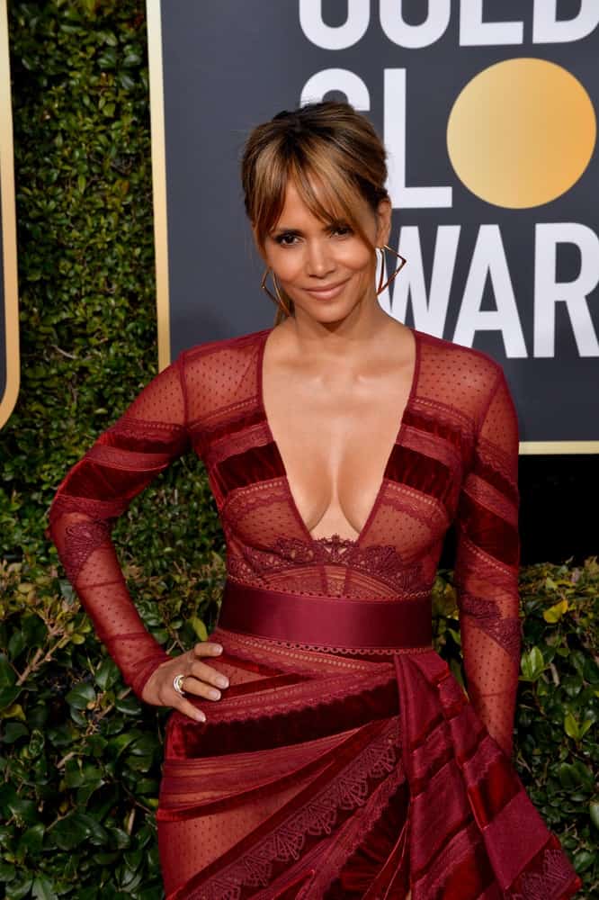 On January 06, 2019, Halle Berry attended the 2019 Golden Globe Awards at the Beverly Hilton Hotel. She wore a stunning red patterned dress with plunging neckline and lovely highlighted low ponytail hairstyle.