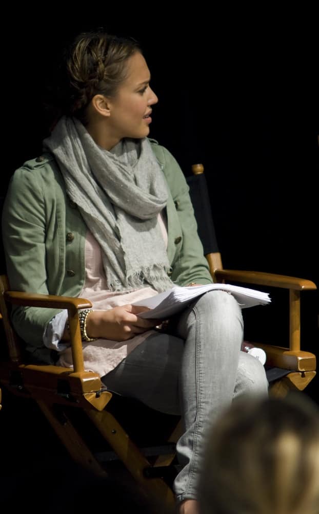 Jessica Alba was at ' The Hand Job ' Script Reading at the Rollins Theatre during the 17th Annual Austin Film Festival on October 24, 2010 in Austin, TX. She wore a casual ensemble outfit with her neat bun upstyle that was incorporated with braids on the side.
