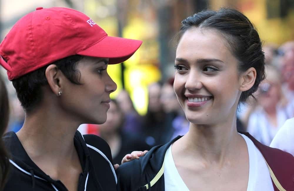 Halle Berry and Jessica Alba were at a public appearance for the 13th Annual EIF Revlon Run/Walk For Women in Times Square to Central Park, New York, NY on May 1, 2010. Alba wore her casual running clothes with  her neat upstyle bun hairstyle with braids.