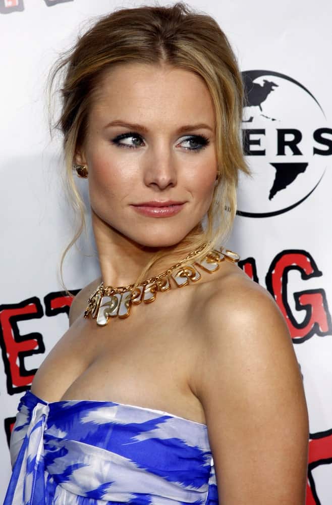 Kristen Bell looked ravishing in a blue patterned tube dress paired with a messy upstyle at the World Premiere of "Forgetting Sarah Marshall" held at the Grauman's Chinese Theater in Hollywood, California on April 10, 2008.