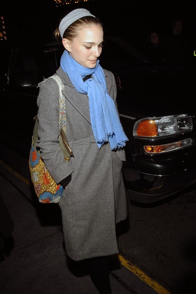 Natalie Portman wore a large gray winter coat to match with her slick upstyle incorporated with a headband at the Opening Night of TALK RADIO on Broadway held at The Longacre Theatre in New York, NY on March 11, 2007.