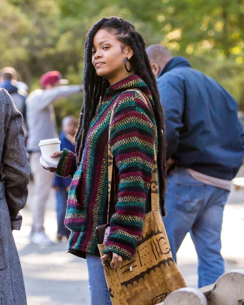 Rihanna was seen on the film set of 'Ocean's 8' in Central Park on November 9, 2016 in New York City. She was wearing casual clothes and her hair was styled into long side-swept dreadlocks.