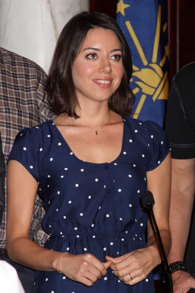 Aubrey Plaza was at the "Parks And Recreation" 100th Episode Celebration at CBS Studios - Radford on October 16, 2013 in Studio CIty, CA. She wore a casual patterned outfit to go with her shoulder-length raven loose and tousled hairstyle.