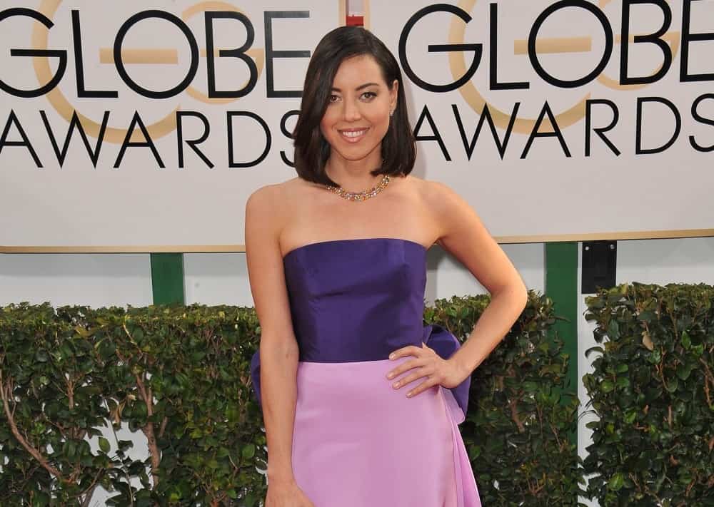 On January 12, 2014, Aubrey Plaza attended the 71st Annual Golden Globe Awards at the Beverly Hilton Hotel. She was lovely in a purple strapless dress topped with a shoulder-length raven bob hairstyle with long side-swept bangs.