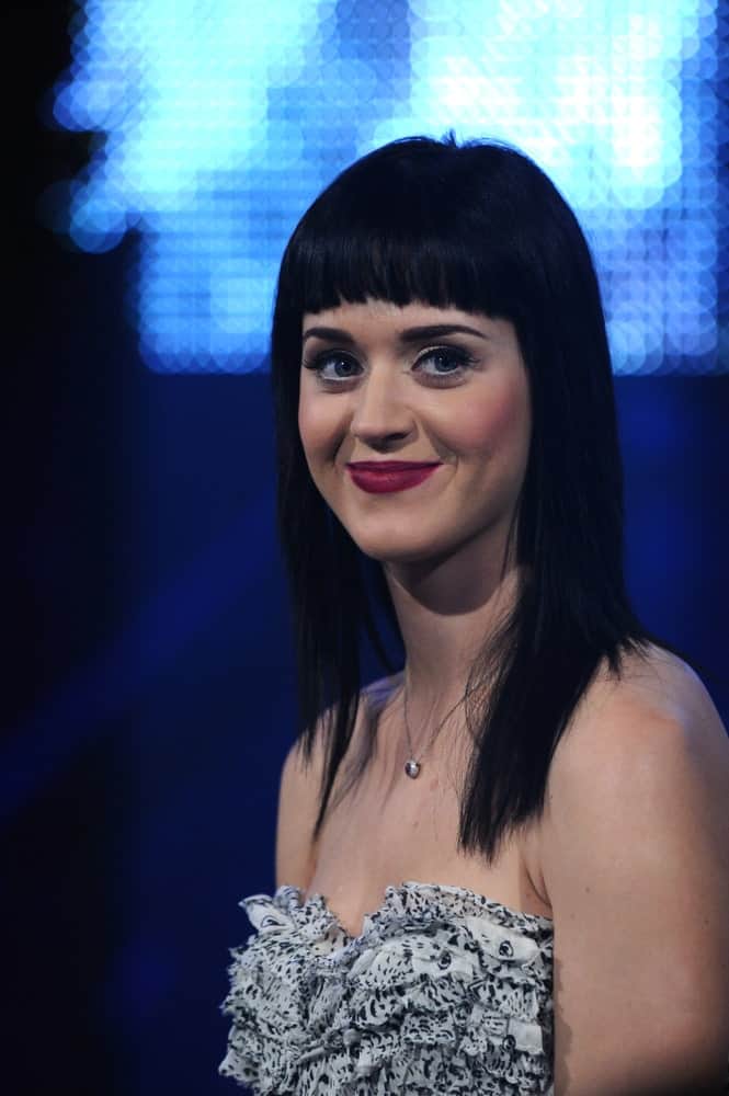 Katy Perry looking sleek in a mid-length straight cut with short blunt bangs during her live concert the Rai Television Studios in Milan on November 18, 2008.