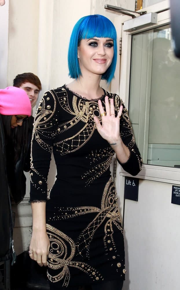 Katy Perry pulled off a blue bob cut with blunt fringe at the BBC Maida Vale studios in London, UK last March 19, 2012 