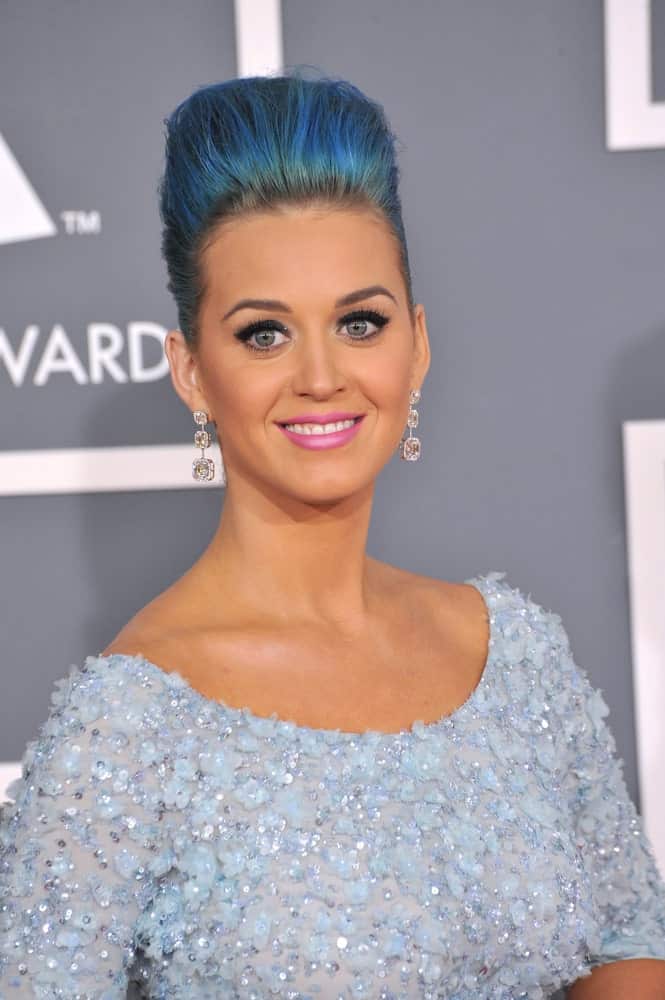 Katy Perry rocked an ocean blue pompadour updo during the 54th Annual Grammy Awards at the Staples Centre, Los Angeles on February 12, 2012.