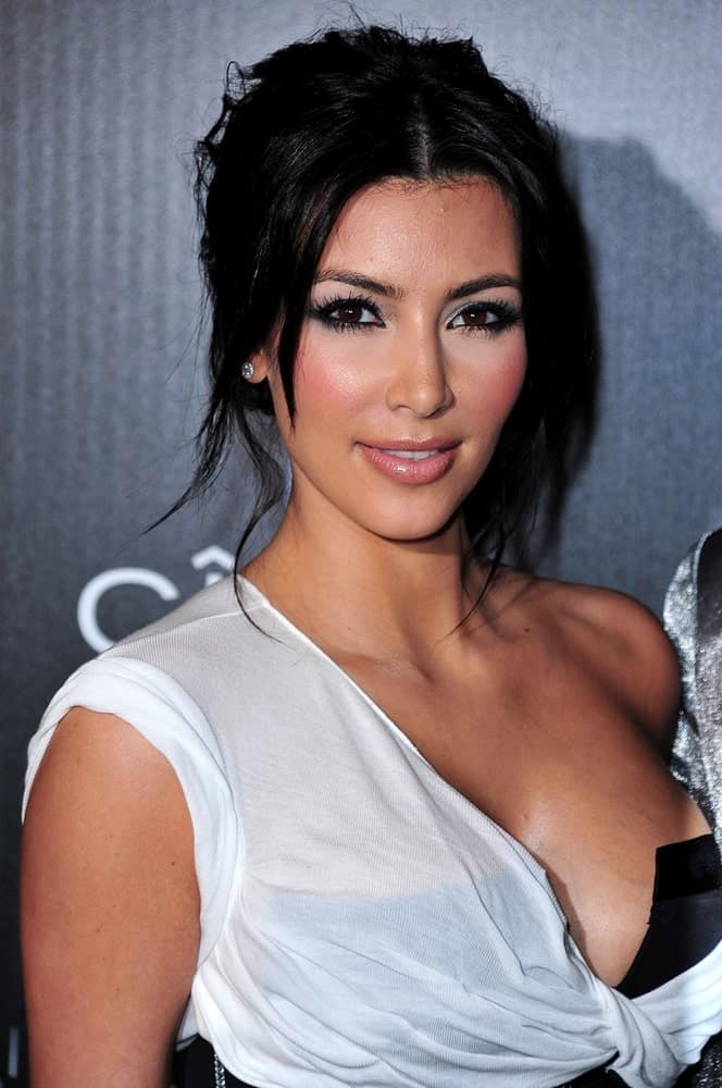 Kim Kardashian tied her raven tresses into a messy upstyle with loose tendrils at Sean Diddy Combs' 40th Birthday Party at The Plaza Hotel, New York on November 17, 2009.