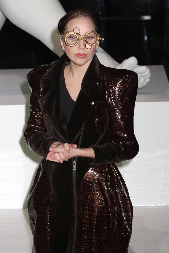Lady Gaga wore a fashionable snakeskin coat with her quirky goggles and dark messy low bun when she attended the record release party event for 'ARTPOP' at the Brooklyn Navy Yard on November 10, 2013 in New York.