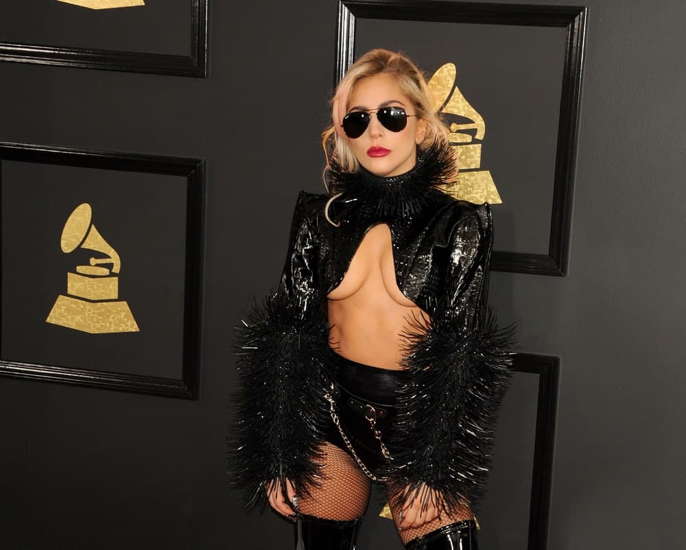 Lady Gaga wowed everyone with her sexy black leather outfit that she paired with aviator sunglasses and a messy half-up hairstyle with highlights at the 59th GRAMMY Awards held at the Staples Center in Los Angeles on February 12, 2017.