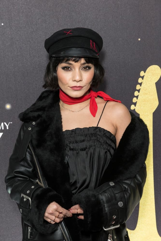 On January 25, 2018, Vanessa Hudgens wore a black dress by The Arrivals when she attended the Julia Michaels event held at the Bowery Hotel. She paired this with a stylish chin-length raven hairstyle with a slight tousle and bangs.