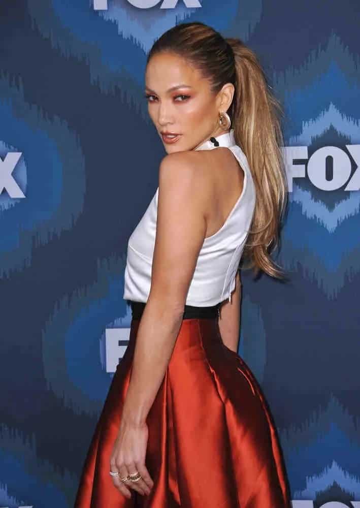 Jennifer Lopez wore her long straight tresses up into a tight high ponytail at the Fox Winter TCA 2015 All-Star Party on January 17, 2015.