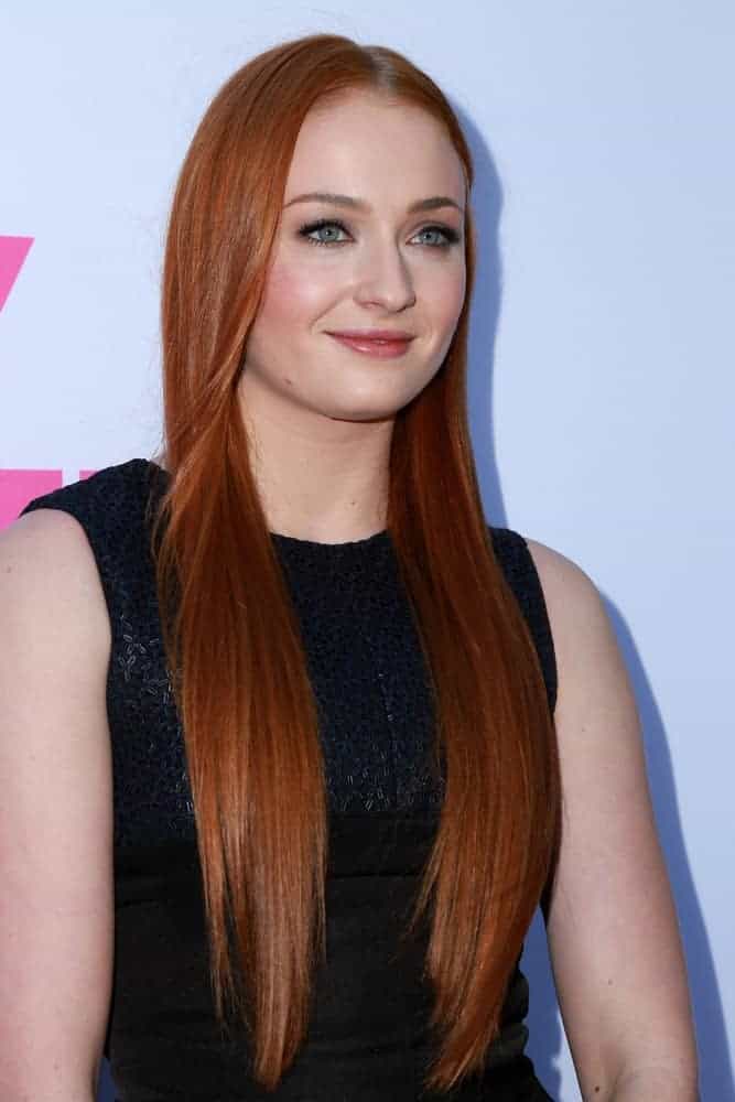 Sophie Turner Wavy Ginger Loose Waves, Side Part Hairstyle