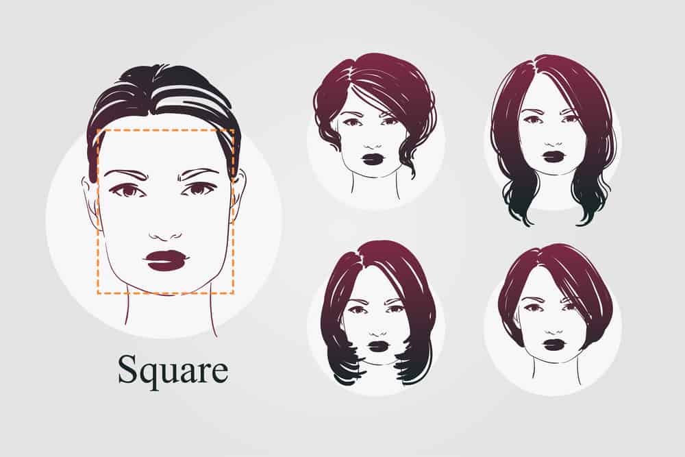 Illustrated example of woman with square face along with example hairstyles on square face