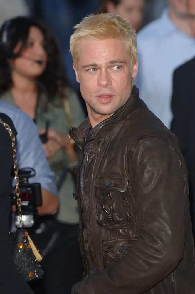 Brad Pitt dyed his short spiky hair blond when he appeared at the world premiere of his movie "Mr & Mr. Smith" on June 7, 2005 in Los Angeles, CA.