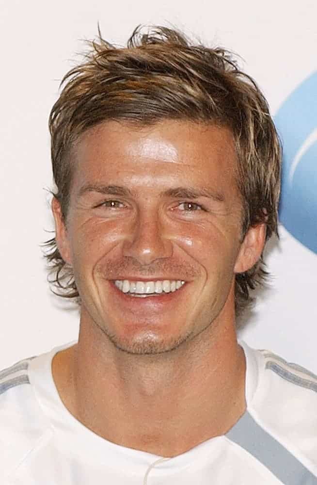 David Beckham went for an elongated razored haircut with highlights during the press conference for David Beckham Launches Home Depot Soccer Academy, at The Home Depot Center Stadium Club, Carson, CA, in 2005.