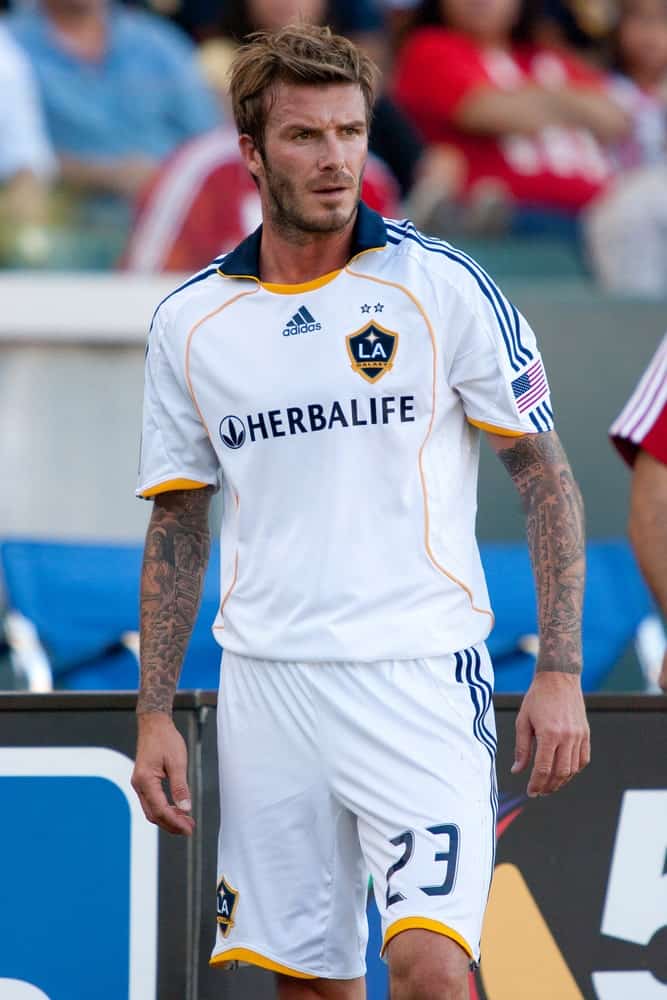 David Beckham during the MLS conference semifinal match of Chivas USA vs Los Angeles Galaxy on November 1, 2009 sporting his long spiky hair.