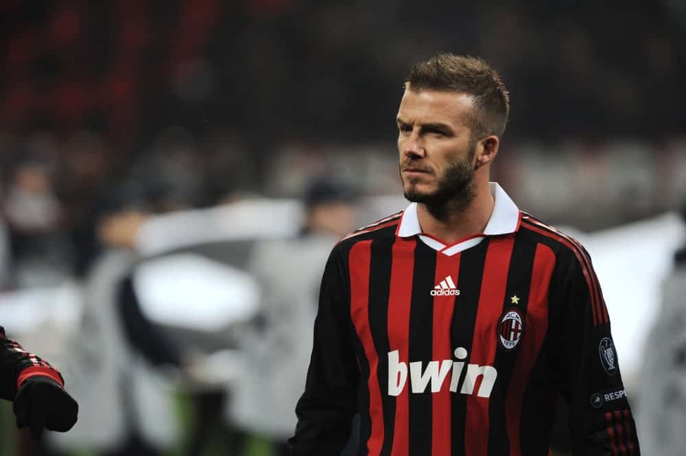 David Beckham had some spikes with his short brunette hair during the match at San Siro stadium at the UEFA Champions League 2009/2010 on February 16, 2010.