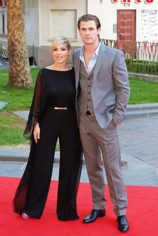 Chris Hemsworth wore a three-piece pinstriped suit with a slicked back hairstyle in the 2013 wold premiere of Rush with wife, Elsa Pataky.