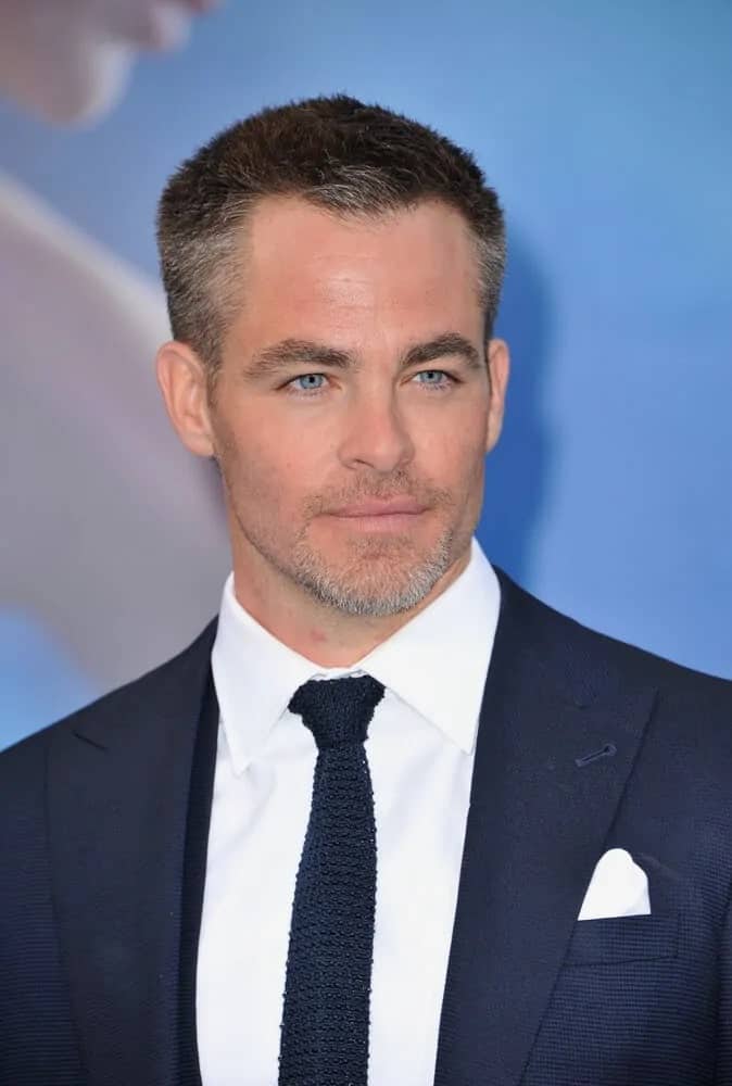 Chris Pine's brilliant blue eyes are at full display with his short crew cut and trimmed beard at the Los Angeles 2017 premiere of 'Wonder Woman' held at the Pantages Theatre in Hollywood.
