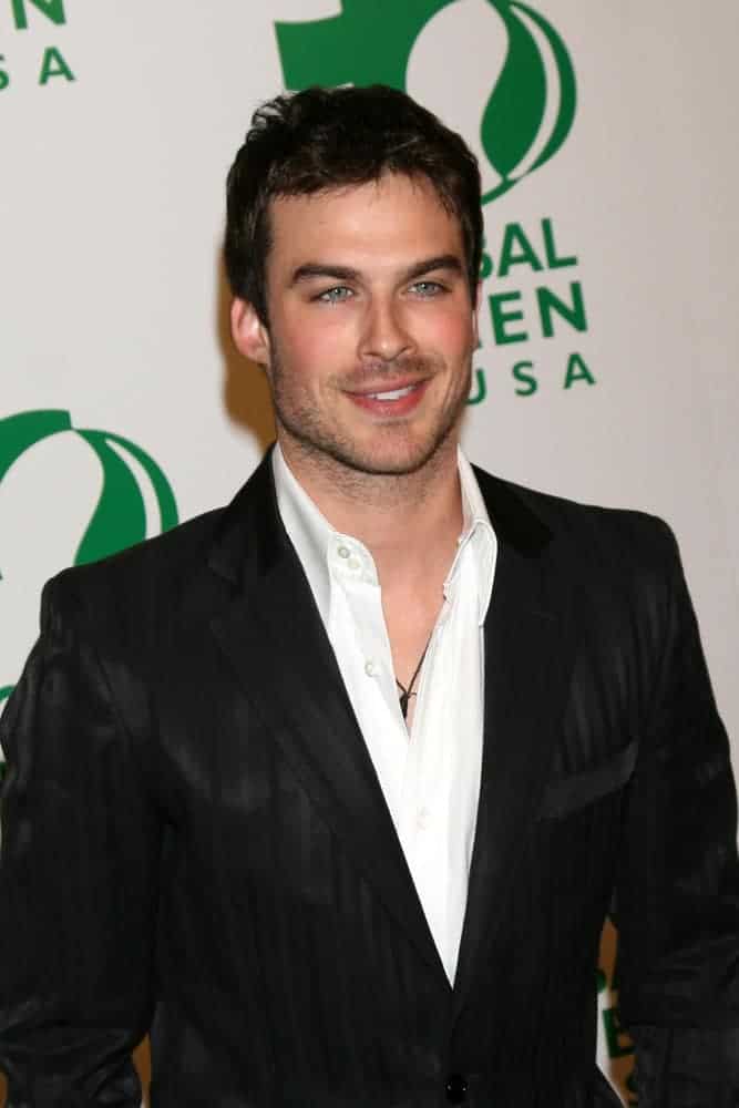 Ian Somerhalder had a short hairstyle when he attended the Global Green Pre...