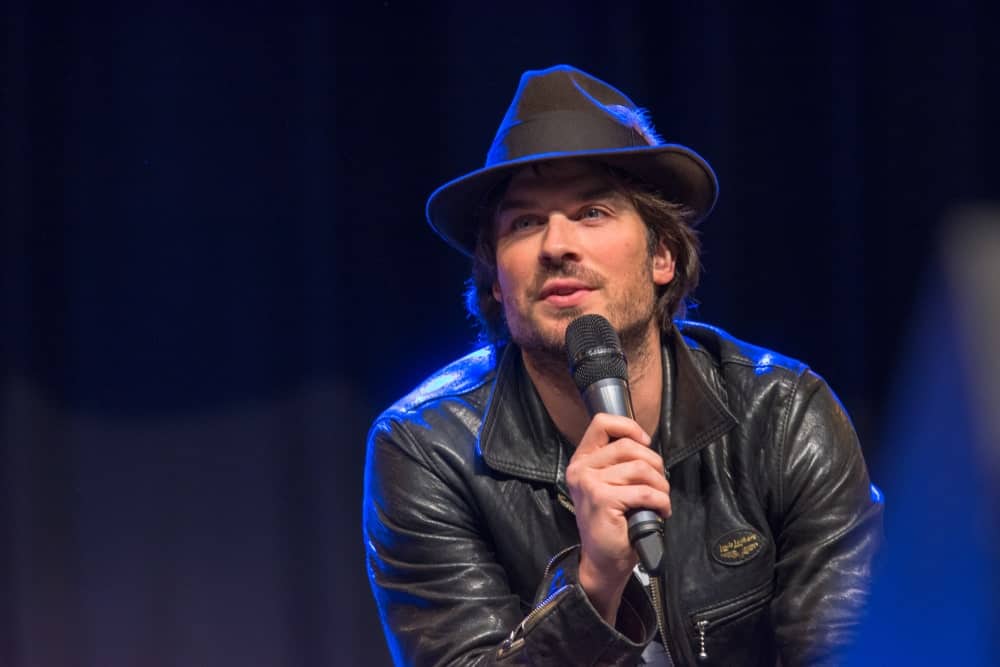 Actor Ian Somerhalder, a panel at the MagicCon, a three-day (March 23-25 2018) fantasy & mystery fan convention sporting a medium-length hairstyle with his fedora hat.