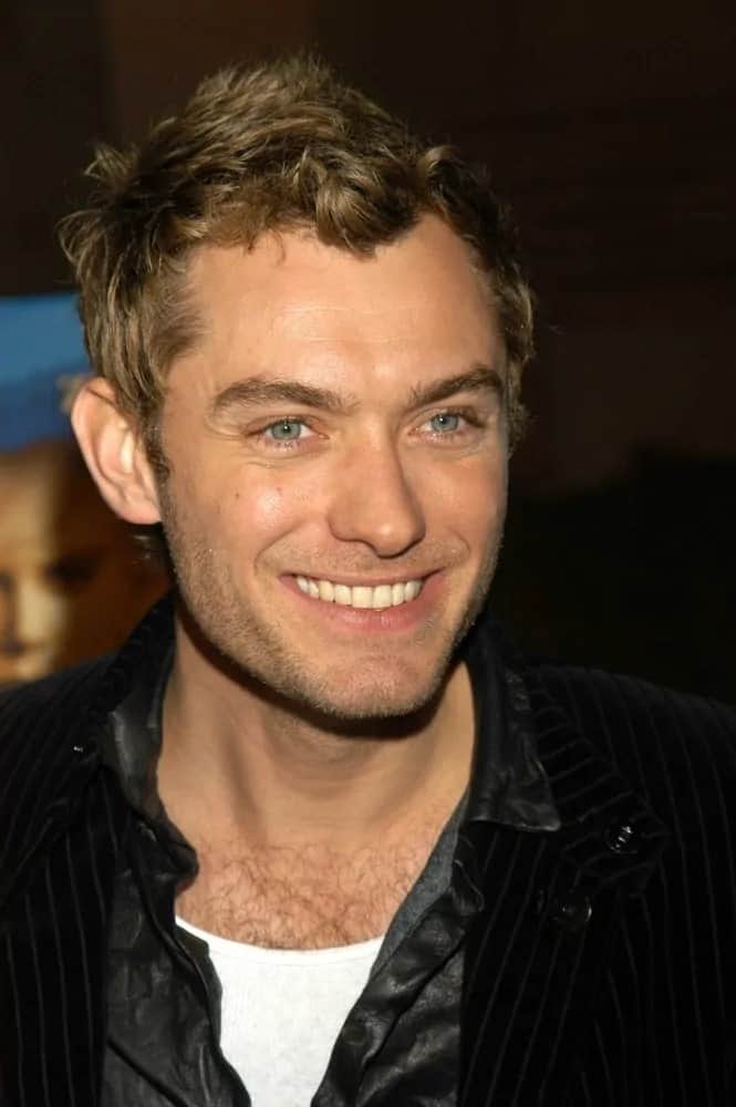 Jude Law sported a short brown haircut with a sort of messy quiff when he attended the celebration of the words and music of "Cold Mountain" at Royce Hall, UCLA on December 08, 2003 in Los Angeles, CA.