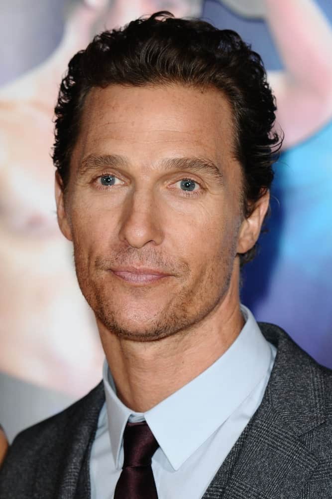 Matthew McConaughey was spotted at the "Magic Mike" premiere in London last October 7, 2012 tamed wavy hair brushed back with a casual finish.