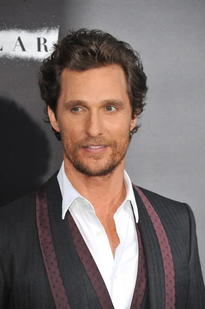 The actor showed class and style with his detailed suit, trimmed beard and tousled dark wavy hairstyle at the 2014 LA Premiere of his movie "Interstellar".