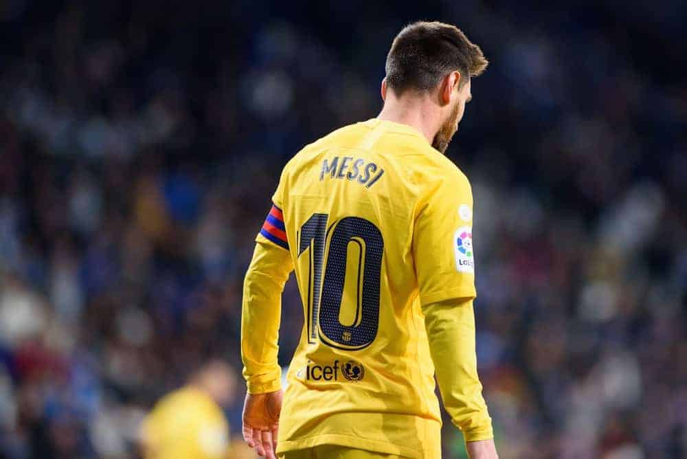 Lionel Messi played at the La Liga match between RCD Espanyol and FC Barcelona at the RCDE Stadium on January 4, 2020, in Barcelona, Spain. He wore a yellow uniform with his spiked fade haircut with subtle highlights.
