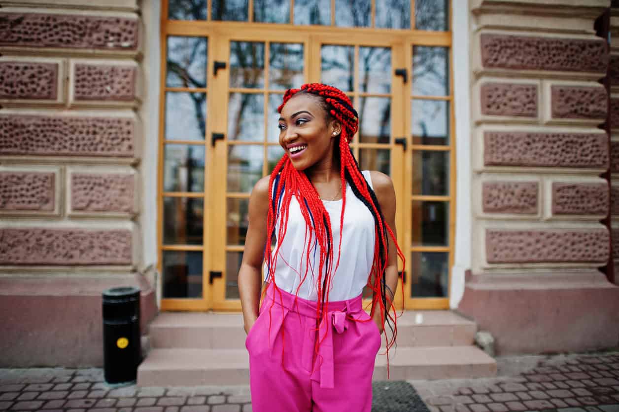 Woman with black and red fulani braids (long hair)