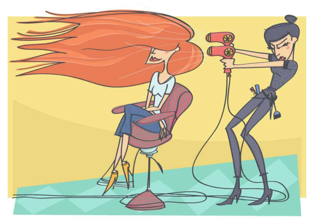 cartoon of hairdresser blow drying clients hair sept10