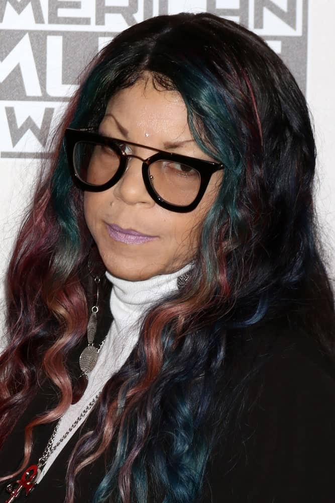 If you are feeling it, try out this amazing look of Tyka Nelson. The long hair framing her face curls softly as they loosely hang down the shoulders. The most distinctive thing about this hairstyle is that it showcases various tints of red, green and purple. Amazingly, it all goes a bit too well with the glasses!  