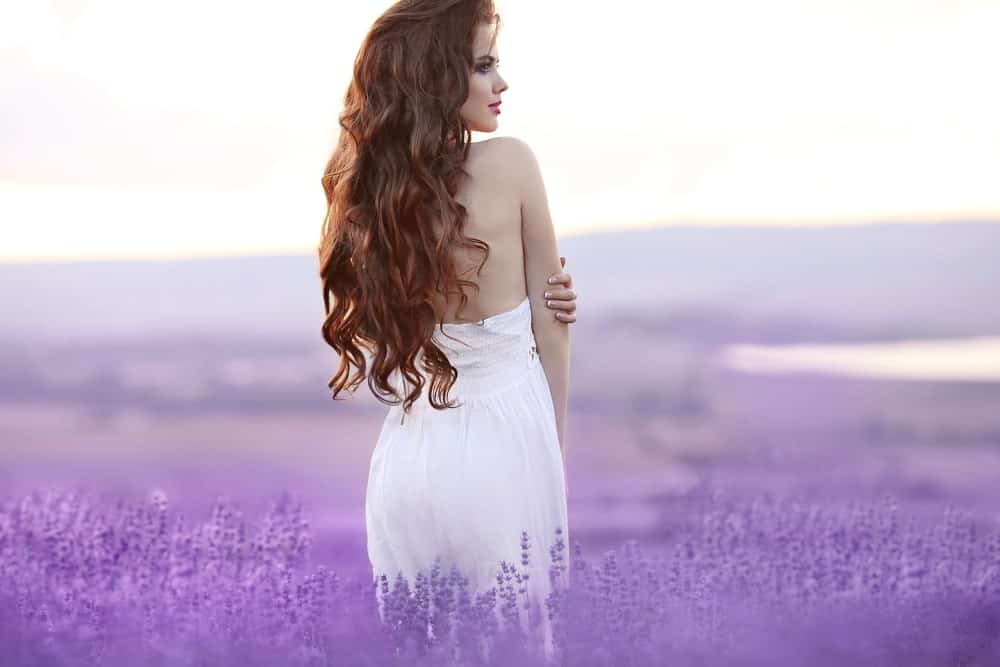 Back view of a woman with long curly hair standing in a field of lavender.