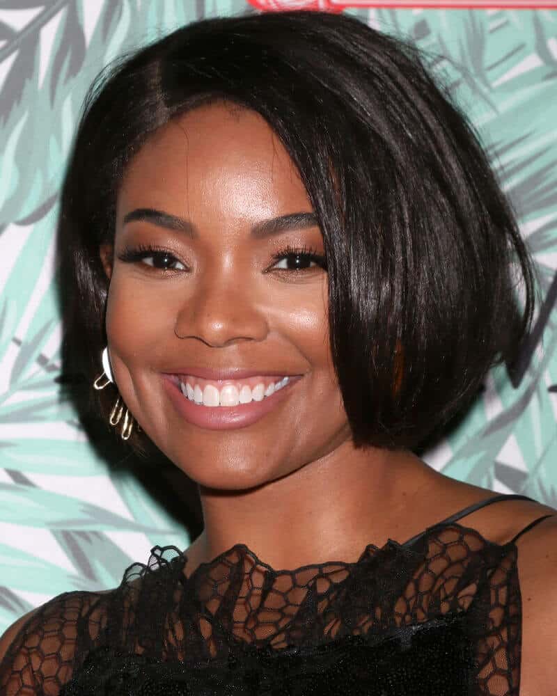 Gabrielle Union's short, black hair in a simple bob paired with light makeup with neutral colors.
