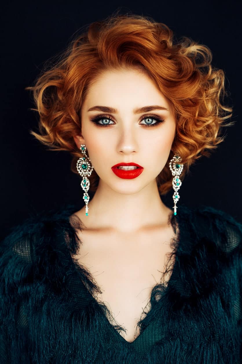 Whether it’s a wedding or a weekend party, this imposing hairstyle for women with short red hair will definitely wow all the guests present. Note that the key to balance (and also further accentuate) the blown-back upward hairdo is to sport some long and pointy earrings. 