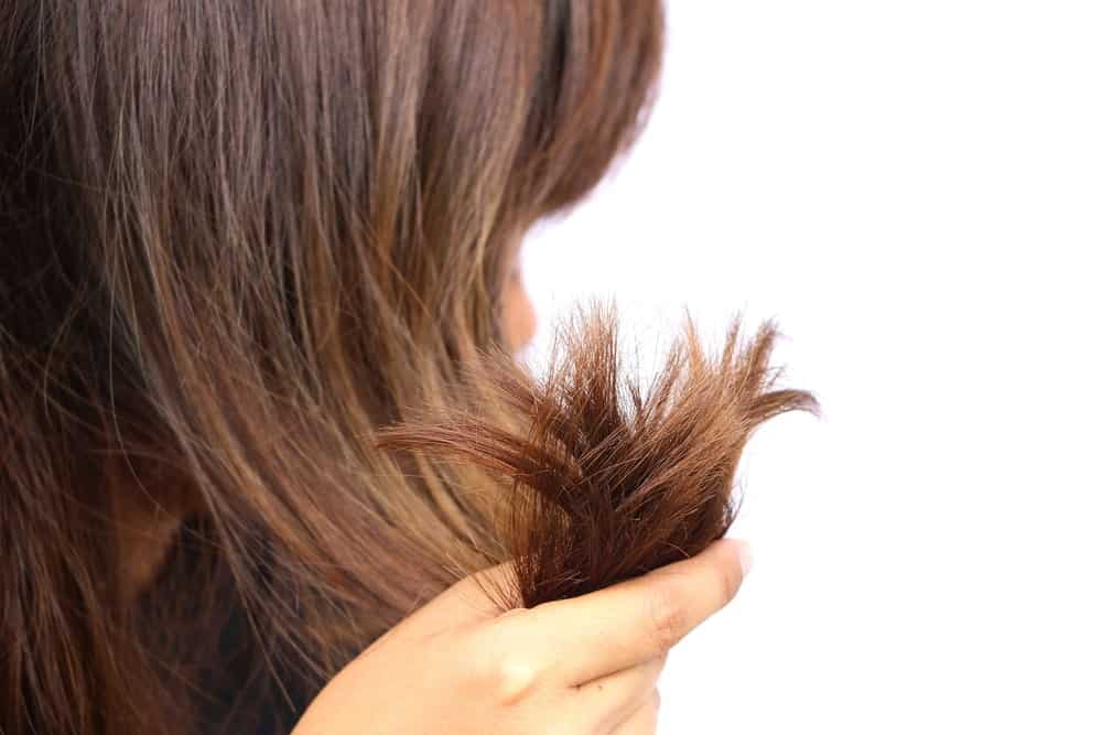 Woman holding a bunch of her hair to show some hair problems.