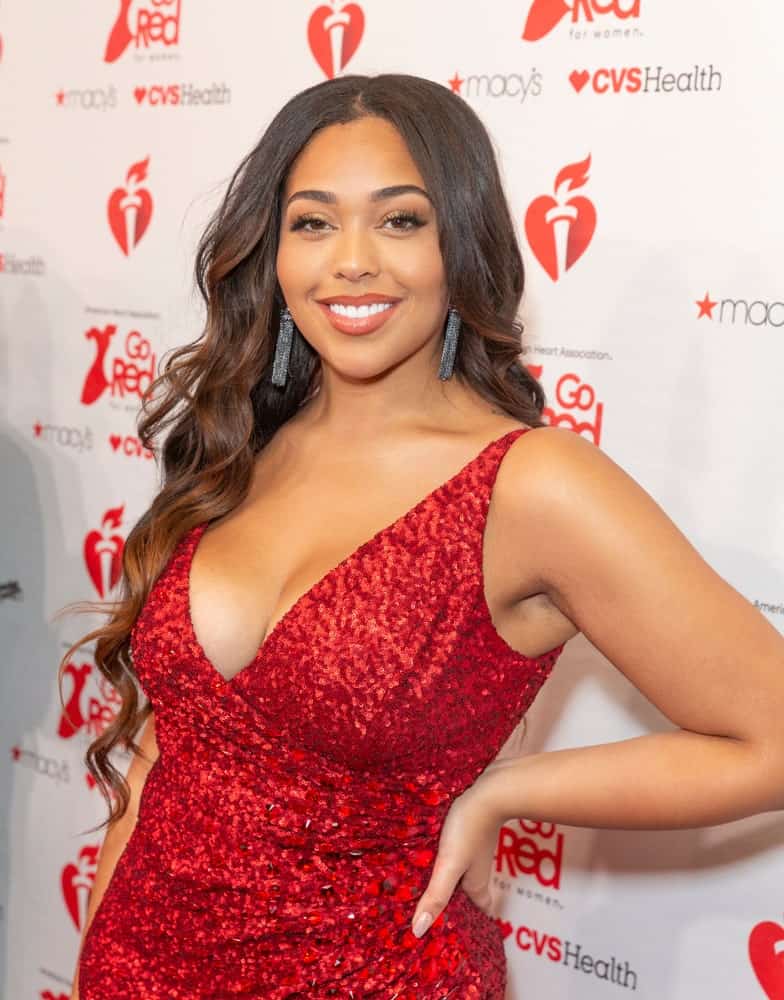 February 7, 2019: Jordyn Woods wearing dress by The Population attends The American Heart Association's Go Red for Women Red Dress Collection 2019 at Hammerstein Ballroom