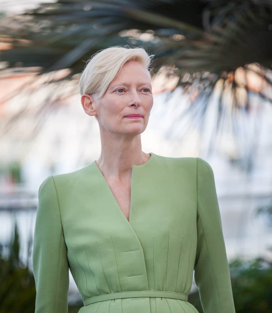 Tilda Swinton attends the 'Okja' photocall during the 70th annual Cannes Film Festival at Palais des Festivals.