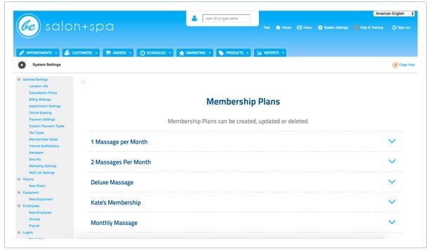 Screenshot of MINDBODY Software Membership Plans
