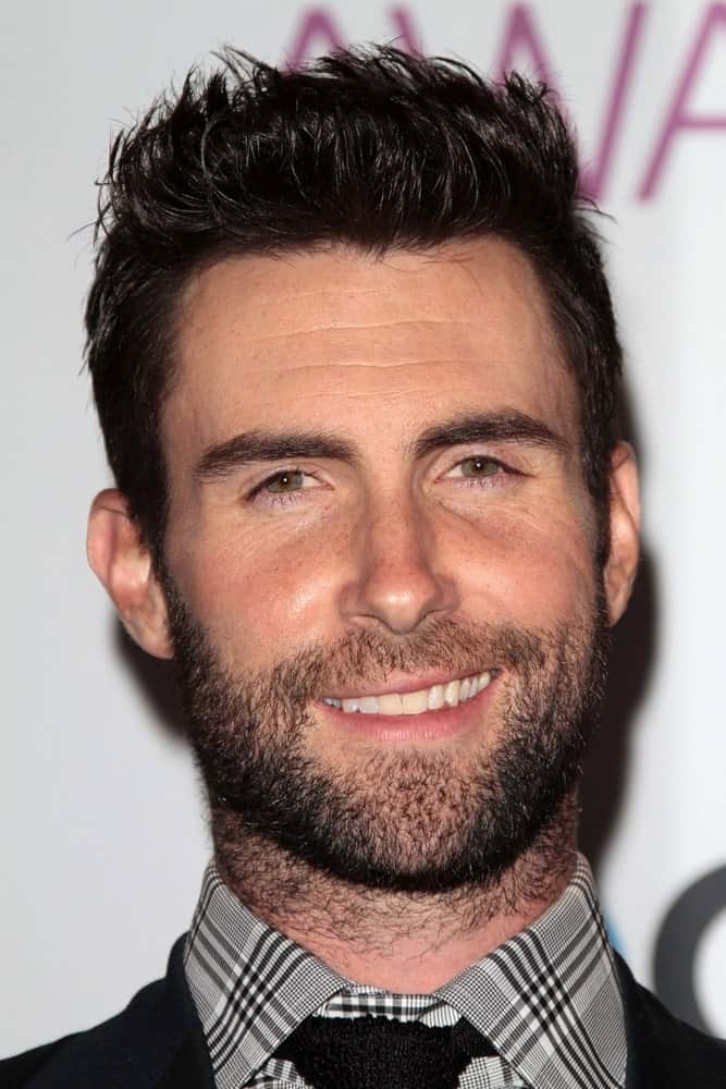 Adam Levine paired his handsome trimmed beard with a stylish spiked hairstyle and a patterned button shirt at the 2013 People's Choice Awards Press Room in Los Angeles, CA on January 9, 2013.