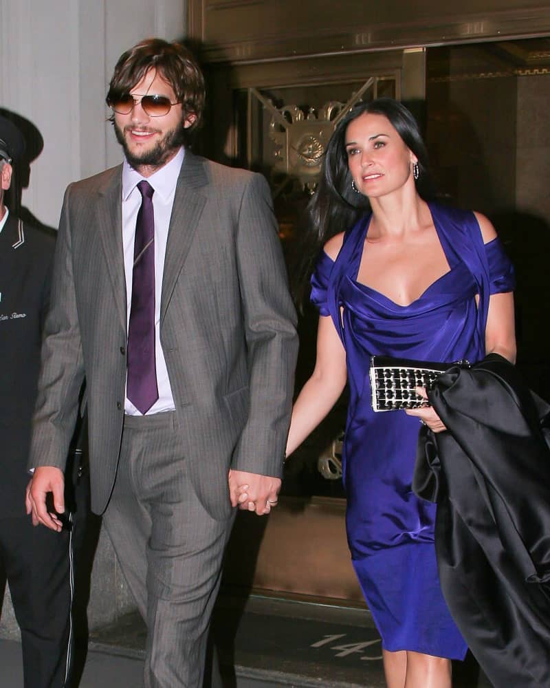 Ashton Kutcher went for a vintage look to his side-parted long hair and full beard on May 15, 2007 in New York City while walking with Demi Moore.