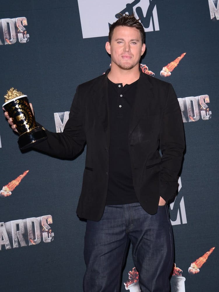 The actor styled his dark short hair with shiny front spikes during the 2014 MTV Movie Awards – Press Room at the Nokia Theatre L.A. Live in Los Angeles on April 13th.
