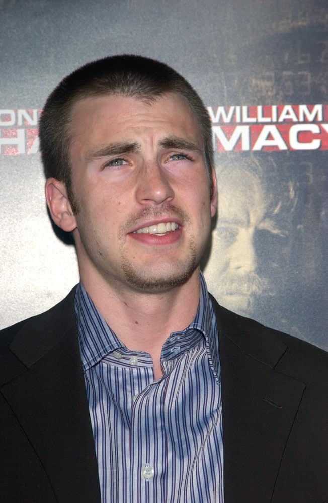On September 9, 2004, Actor Chris Evans wore a smart casual outfit to pair with his goatee and buzz cut hairstyle at the Los Angeles premiere of his new movie "Cellular".